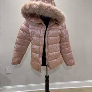 SHEIN Blush Puffer Jacket with Faux Fur Hood